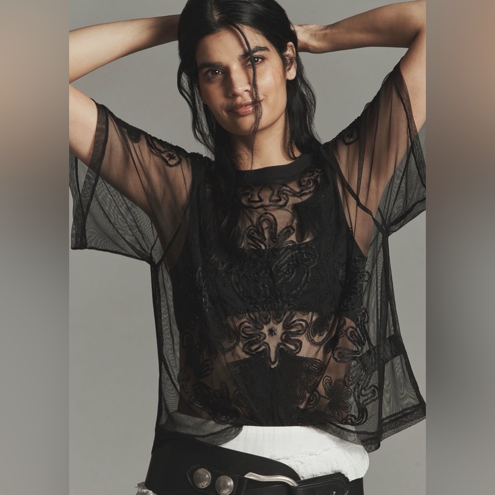 ✨ NWT Anthropologie Sheer Mesh Embroidered Top – Black (Size XS ) ✨